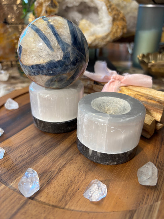 Selenite and Orthoceras Sphere Stand
