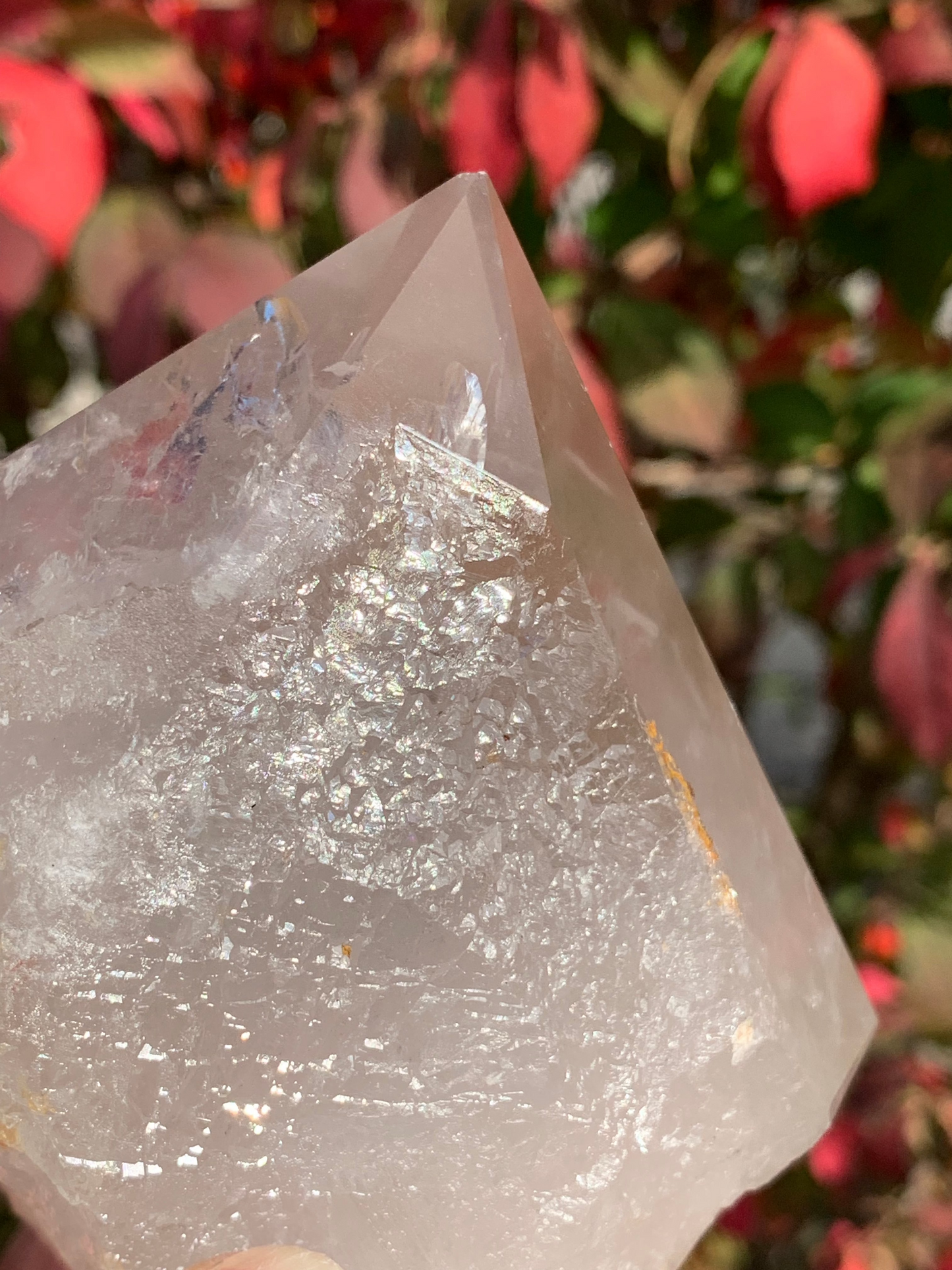 Smokey Quartz Point with Golden Healer and Fire Quartz inclusions - Brazil