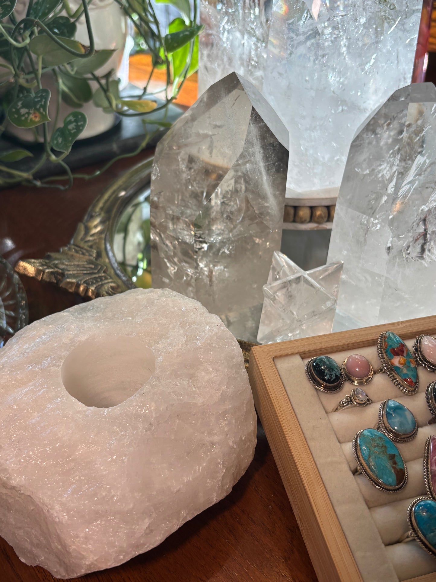 Natural Clear Quartz or Rose Quartz | Tea Light Holder