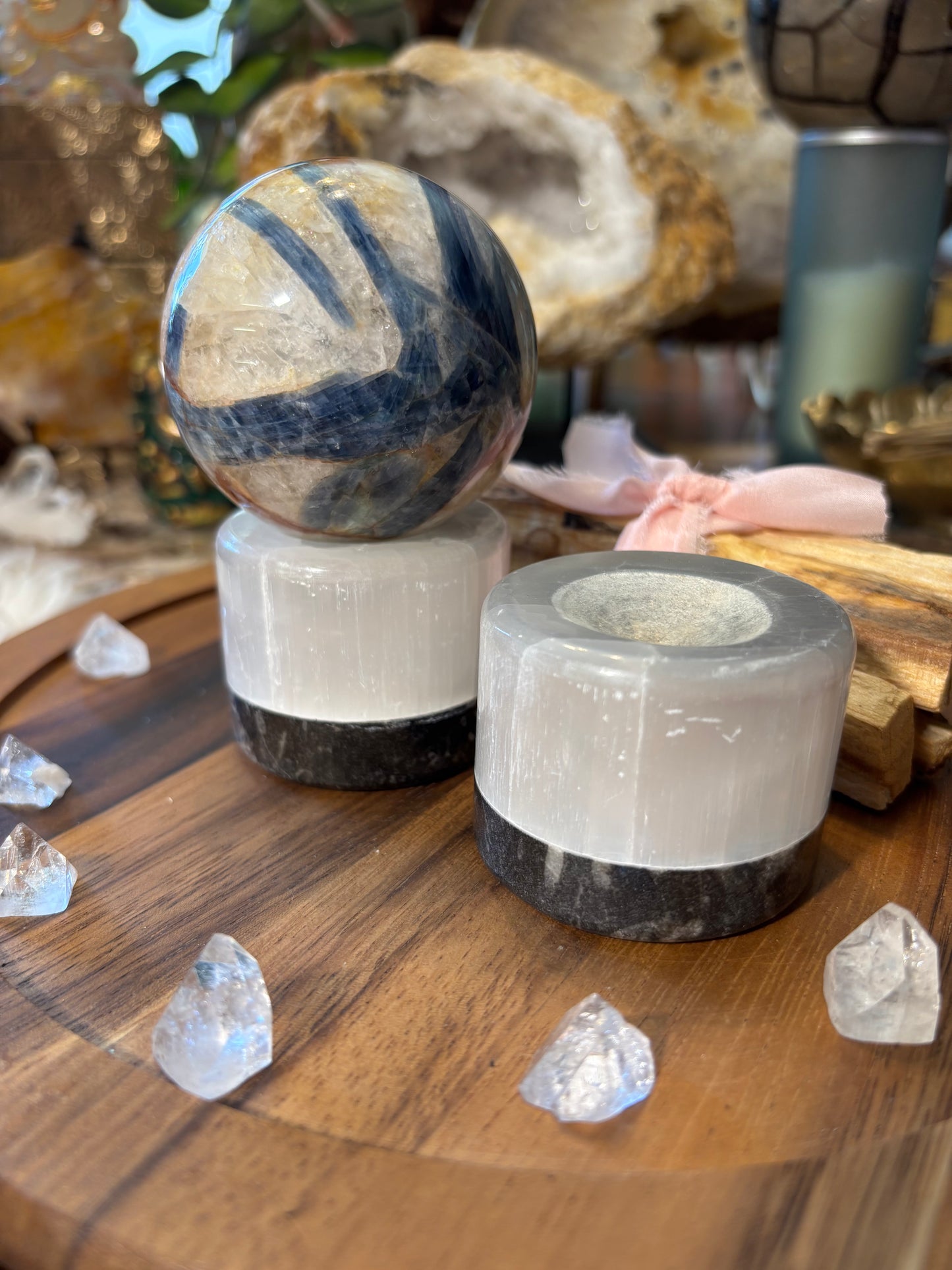 Selenite and Orthoceras Sphere Stand