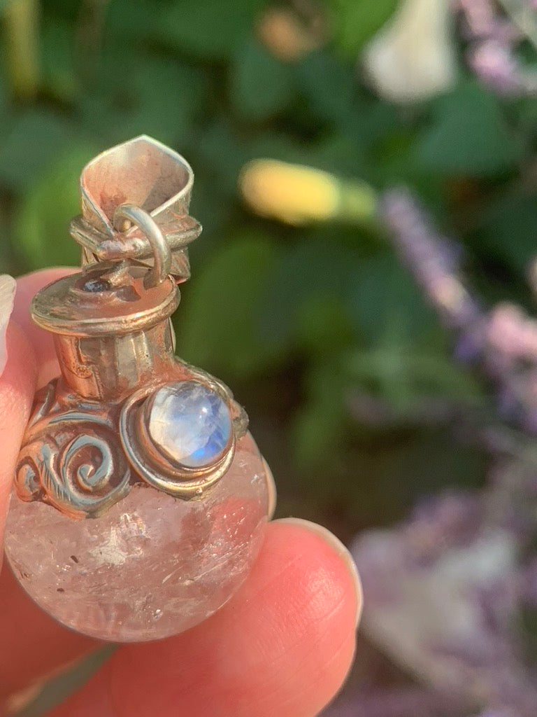 Clear Quartz - Moonstone | Magic Potion Pot | MEDIUM pendant - Tibetan Silver