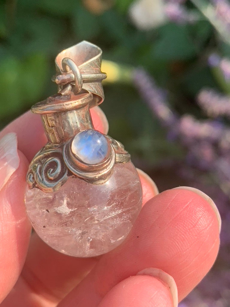 Clear Quartz - Moonstone | Magic Potion Pot | MEDIUM pendant - Tibetan Silver