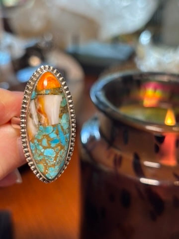 Spiny Oyster and Turquoise Rings with Copper
