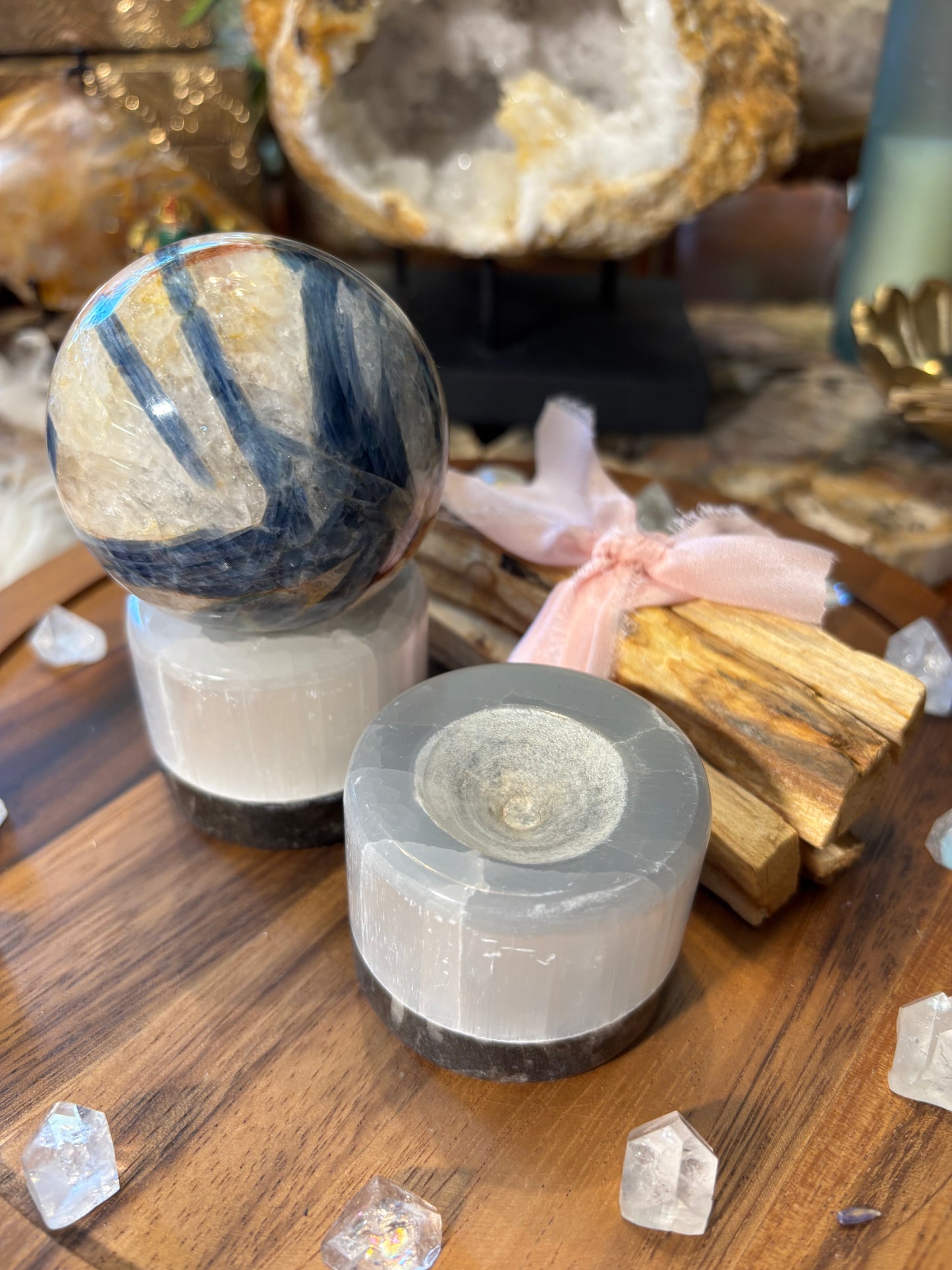 Selenite and Orthoceras Sphere Stand