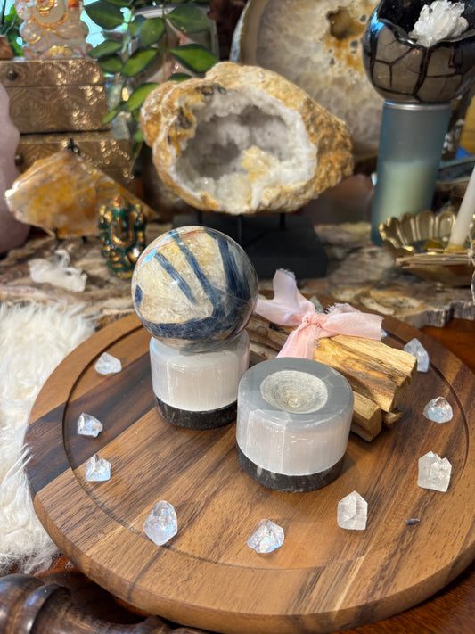 Selenite and Orthoceras Sphere Stand
