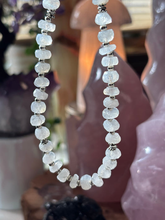 Rainbow Moonstone beaded necklace - Tibetan Silver