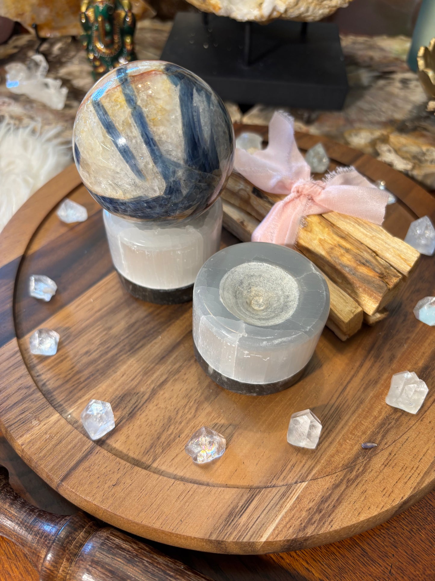 Selenite and Orthoceras Sphere Stand