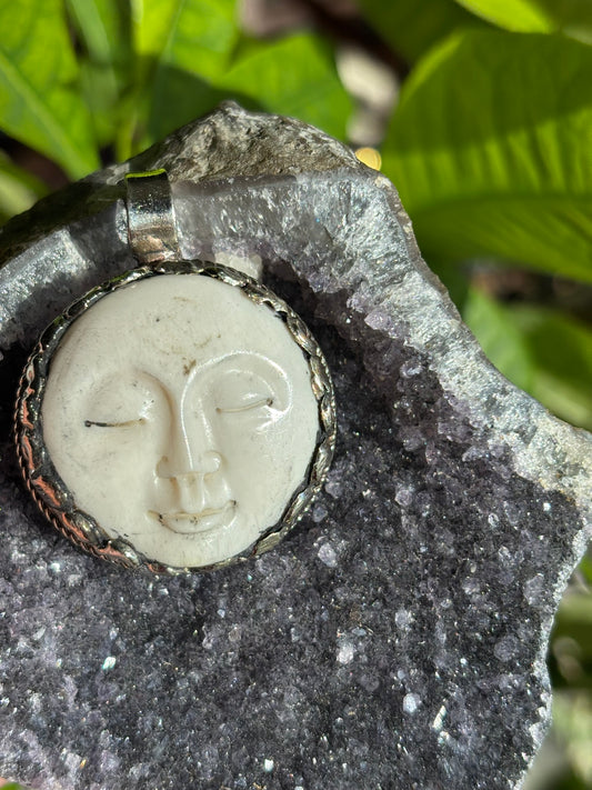 Buffalo Bone - SMALL - FULL Moon pendant - Tibetan Silver