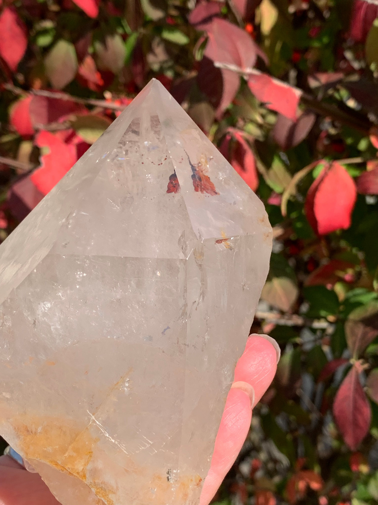 Smokey Quartz Point with Golden Healer and Fire Quartz inclusions - Brazil