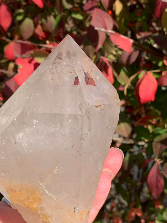 Smokey Quartz Point with Golden Healer and Fire Quartz inclusions - Brazil