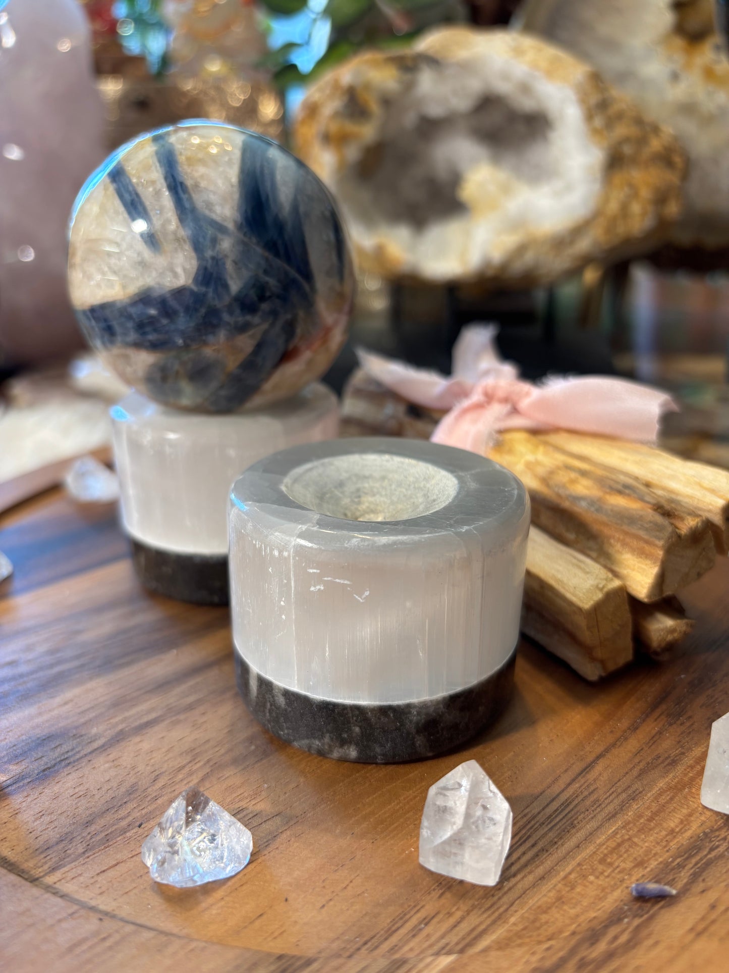 Selenite and Orthoceras Sphere Stand
