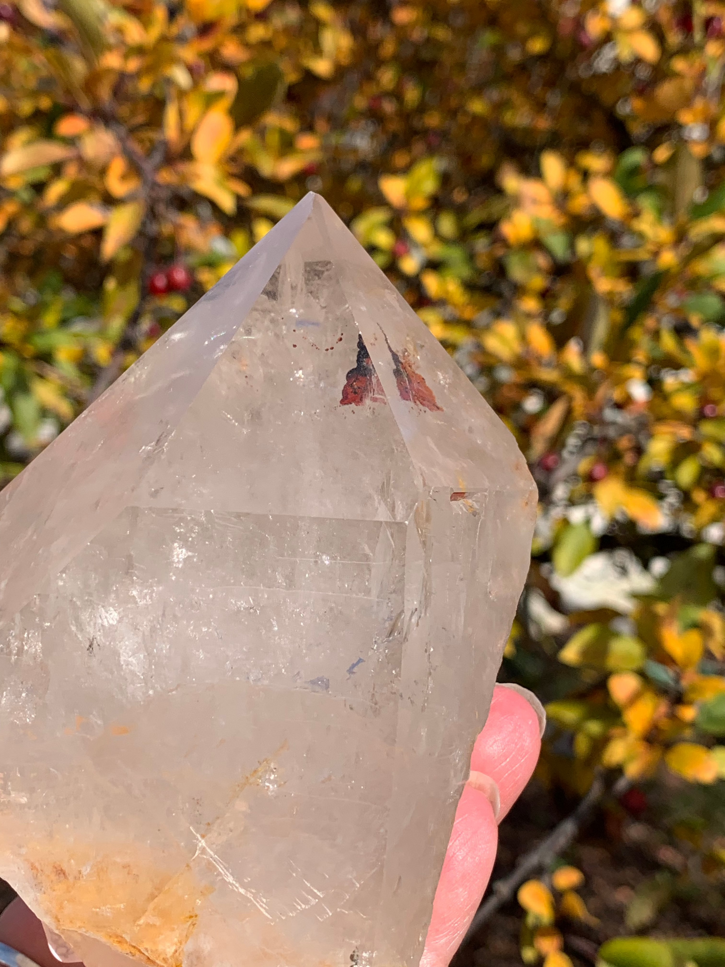 Smokey Quartz Point with Golden Healer and Fire Quartz inclusions - Brazil