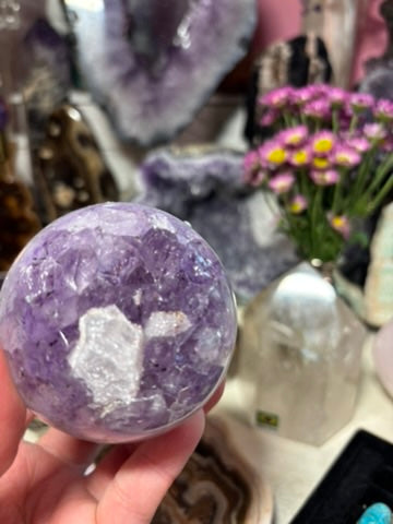Amethyst Sphere with Banding and Sugar Druzy Calcite | Brazil