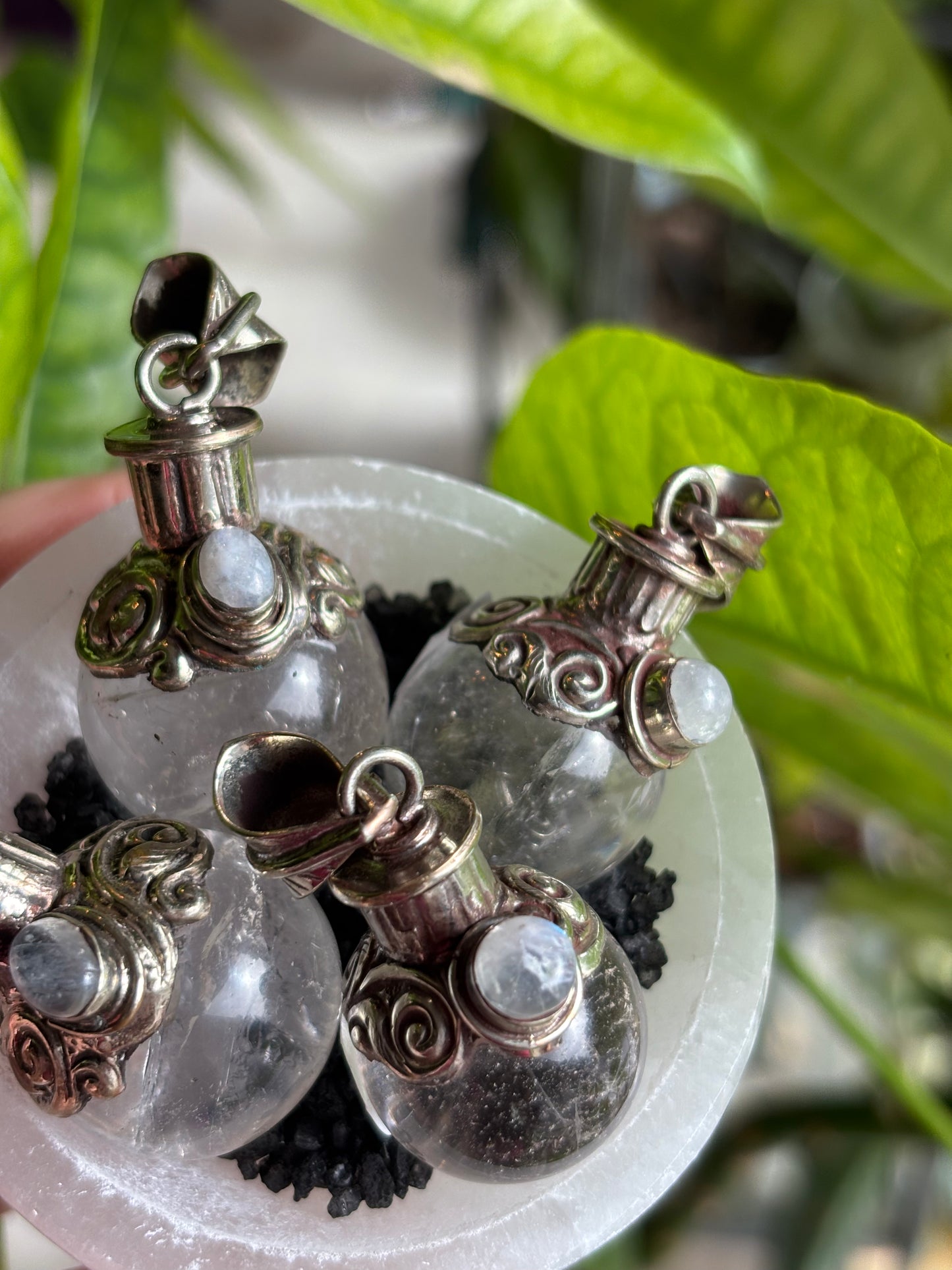 Clear Quartz - Moonstone | Magic Potion Pot | MEDIUM pendant - Tibetan Silver