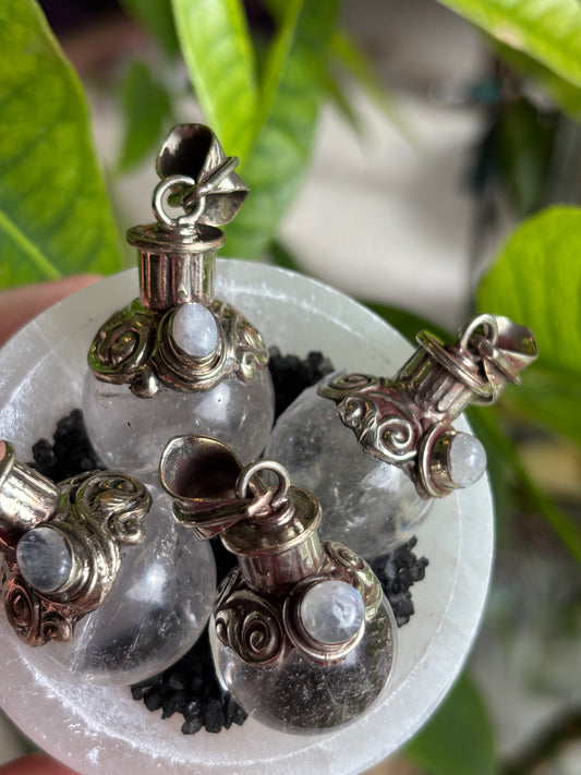 Clear Quartz - Moonstone | Magic Potion Pot | MEDIUM pendant - Tibetan Silver