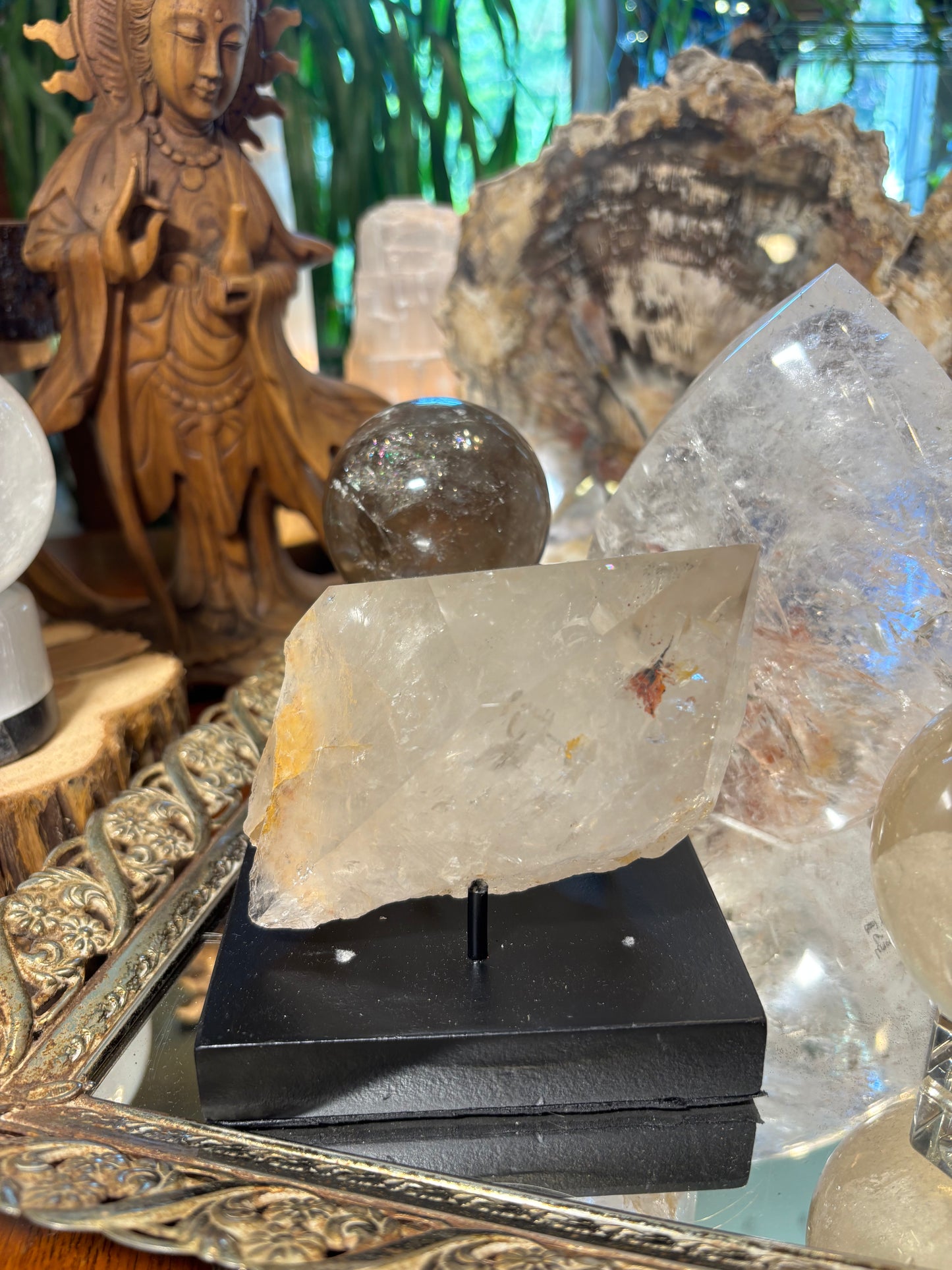 Smokey Quartz Point with Golden Healer and Fire Quartz inclusions - Brazil