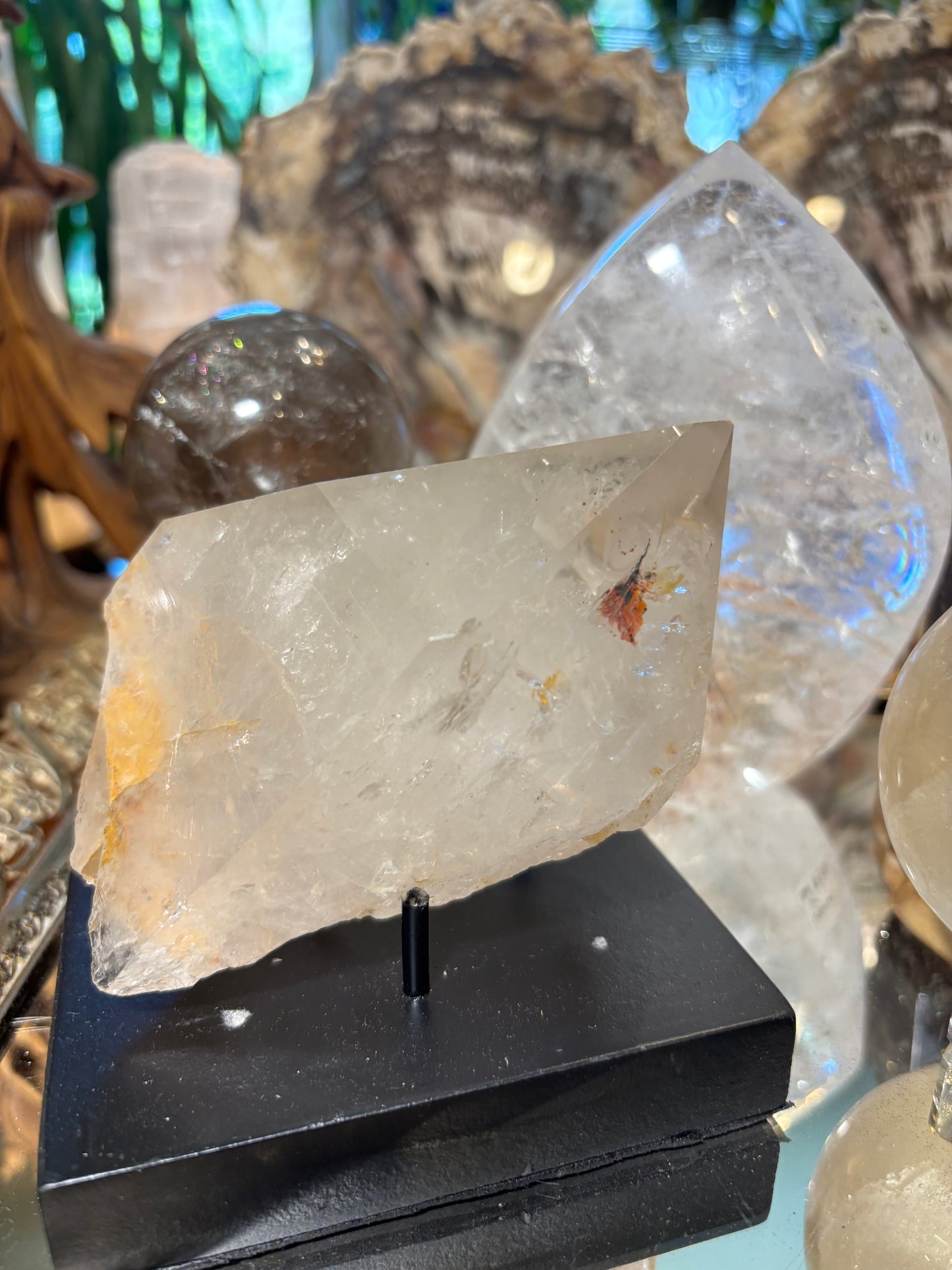 Smokey Quartz Point with Golden Healer and Fire Quartz inclusions - Brazil