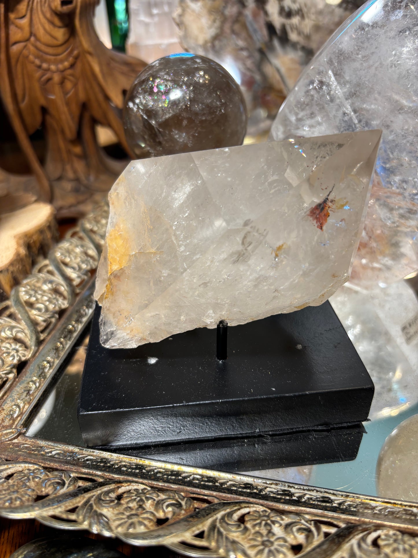 Smokey Quartz Point with Golden Healer and Fire Quartz inclusions - Brazil