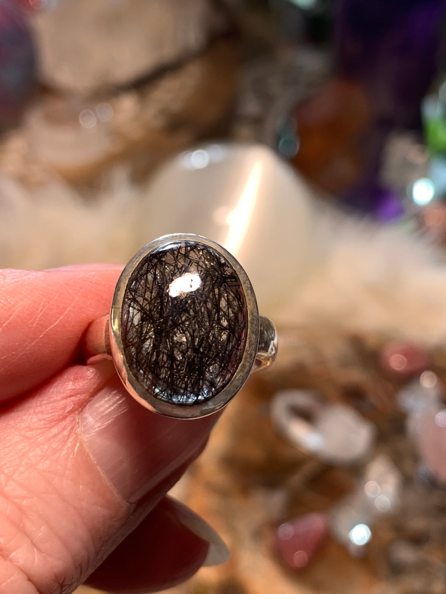 Black Tourmaline in Quartz Ring size 5.5