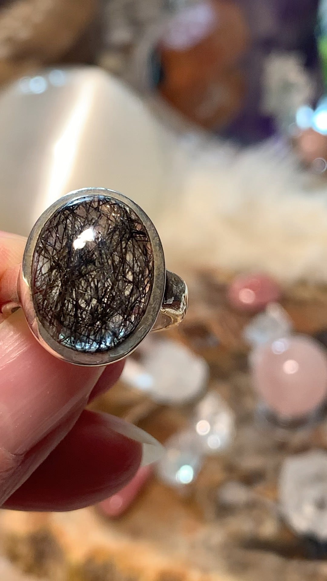 Black Tourmaline in Quartz Ring size 5.5