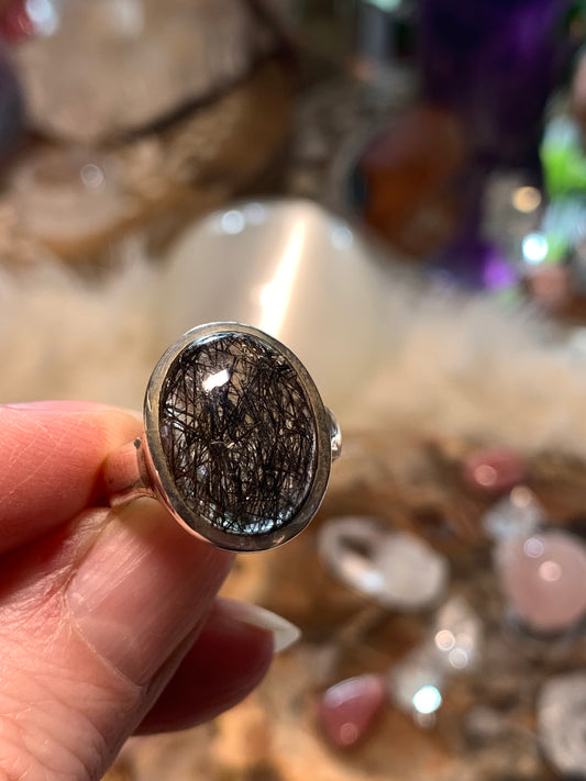 Black Tourmaline in Quartz Ring size 5.5