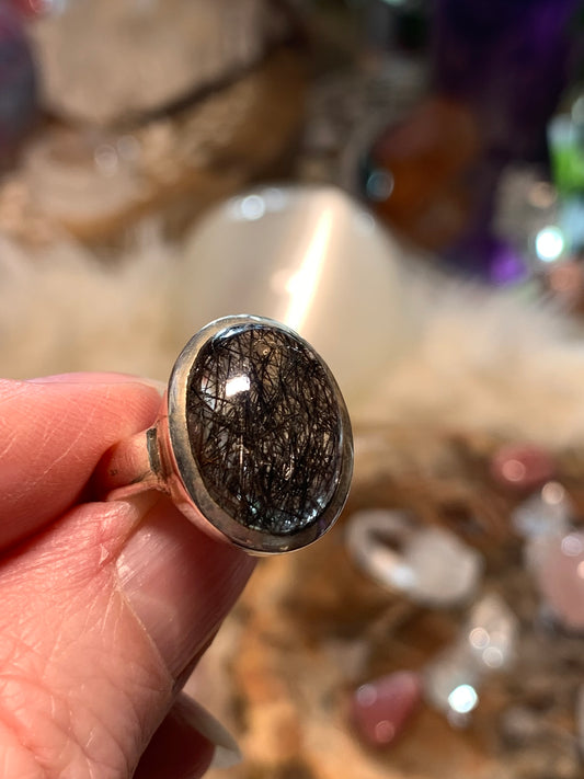 Black Tourmaline in Quartz Ring size 5.5