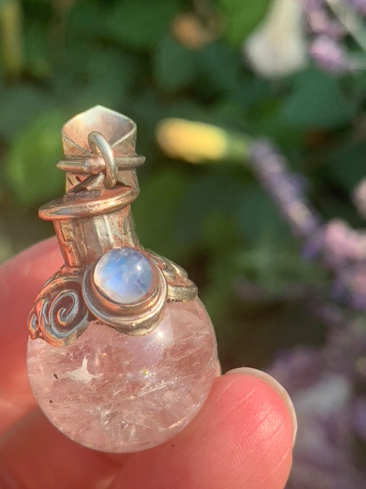 Clear Quartz - Moonstone  | Magic Potion Pot | MEDIUM pendant - Tibetan Silver