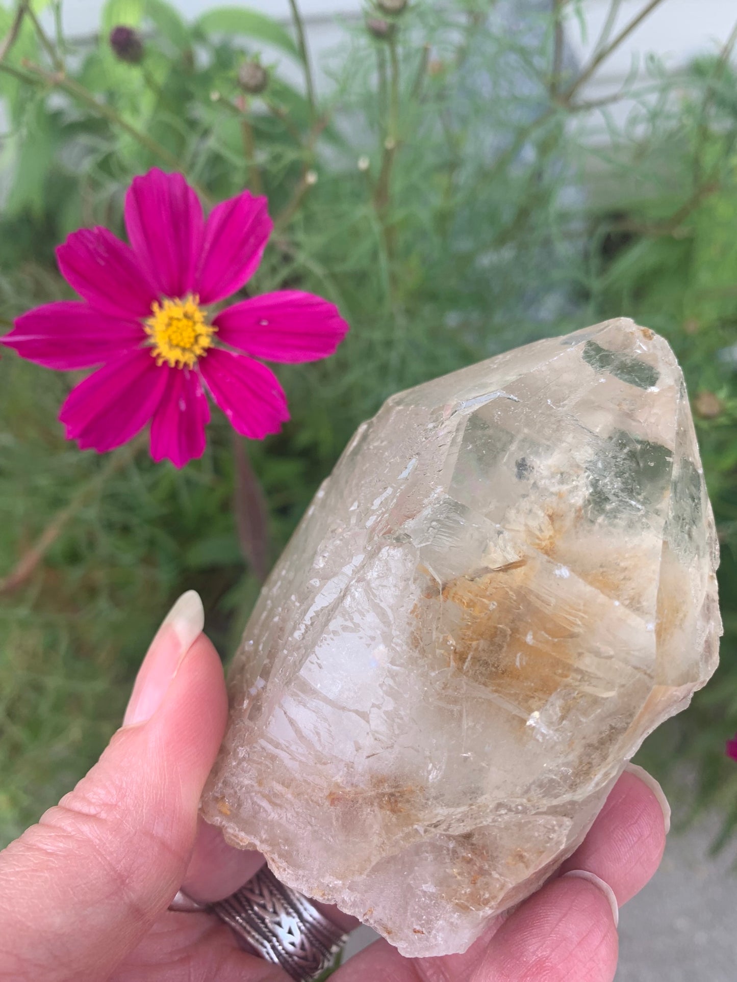 Rainbow Lemurian Smokey Quartz Point with inclusions