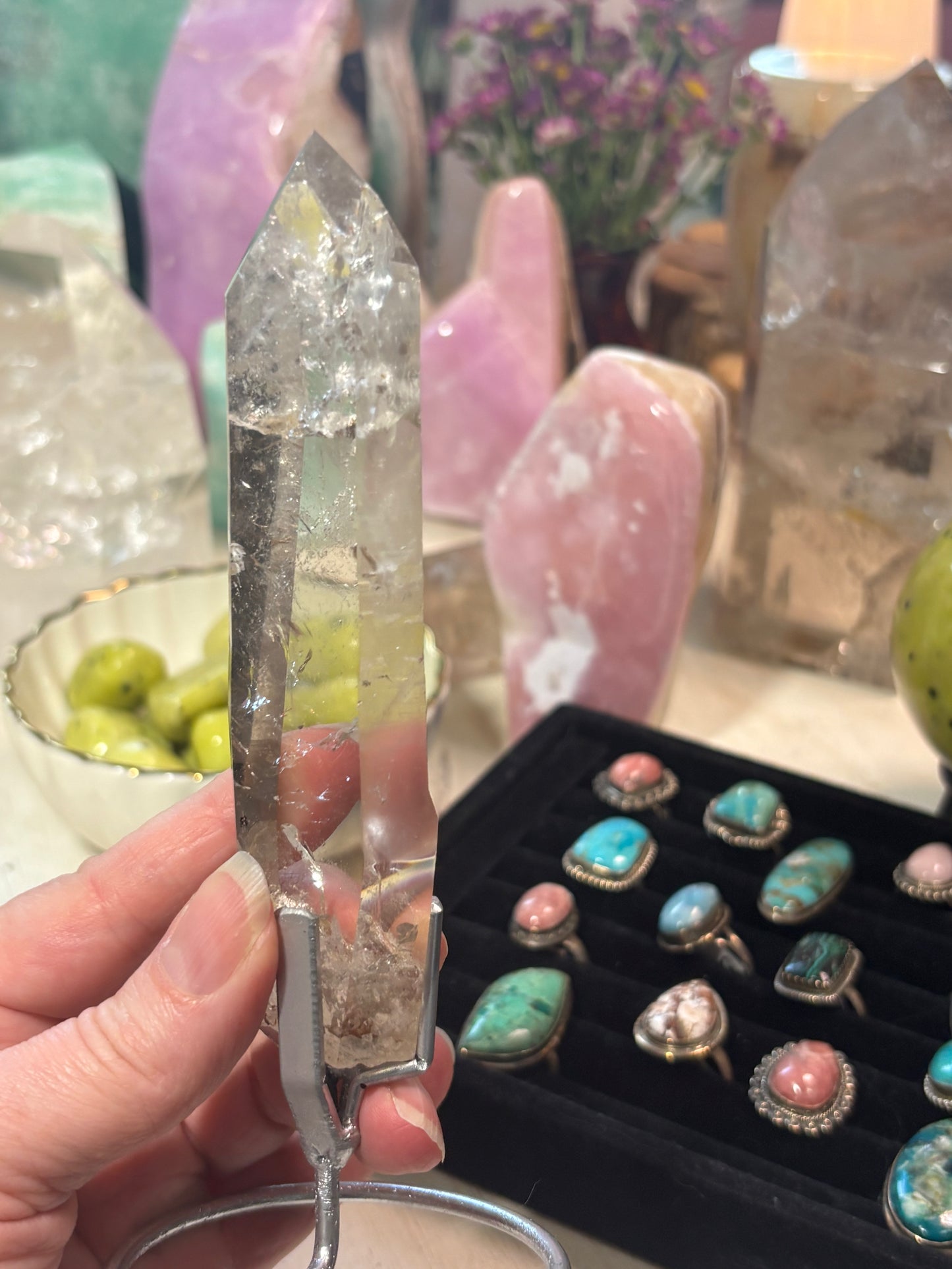 Smokey Quartz with inclusions - Point on stand - Brazil