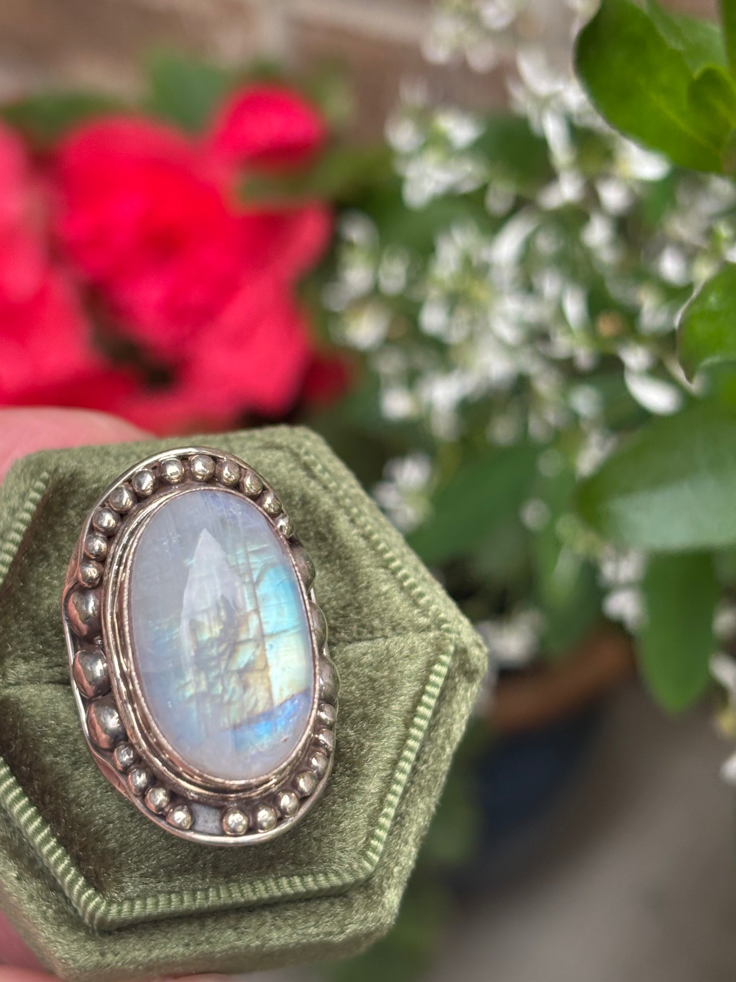Rainbow Moonstone Ring size 7.5 - Nepal