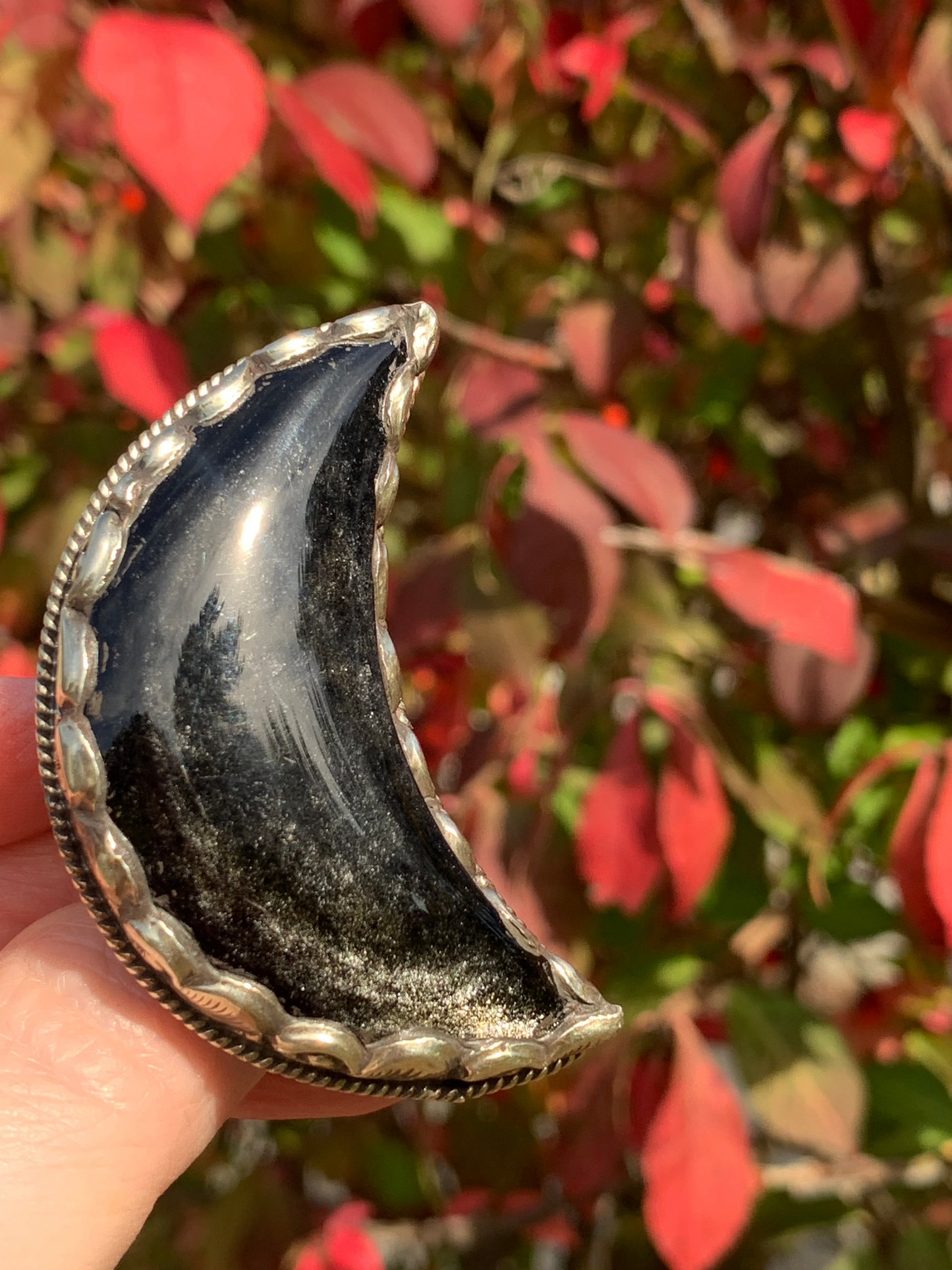 Silver Sheen Obsidian - Cresent Moon ring - Tibetan Silver