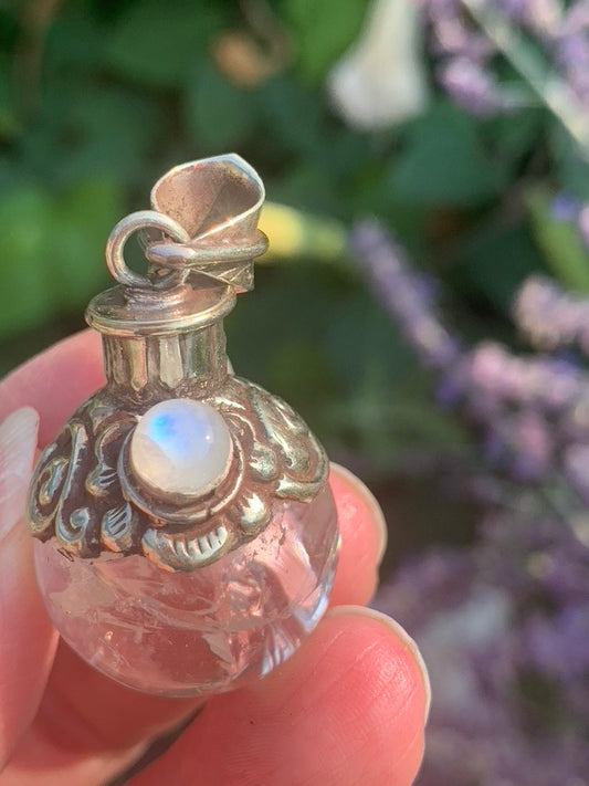 Clear Quartz - Moonstone  | Magic Potion Pot | LARGE pendant - Tibetan Silver