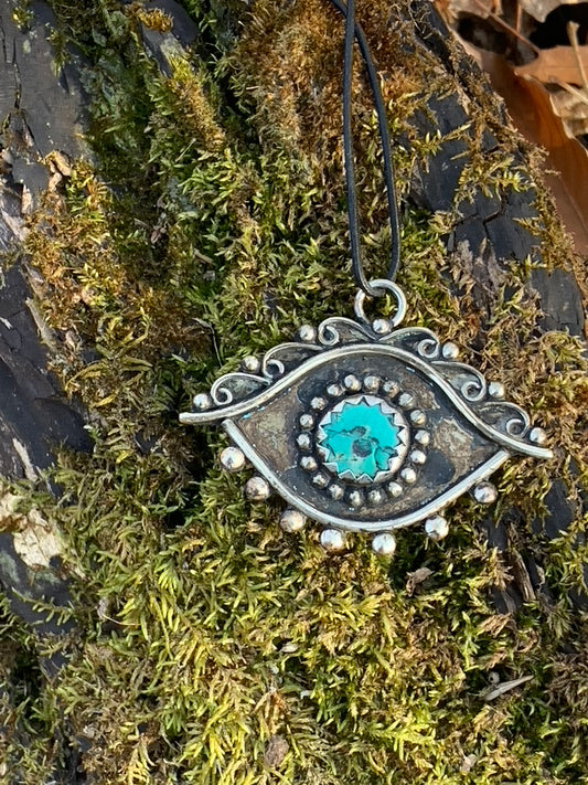 Turquoise Evil Eye pendant - Tibetan Silver