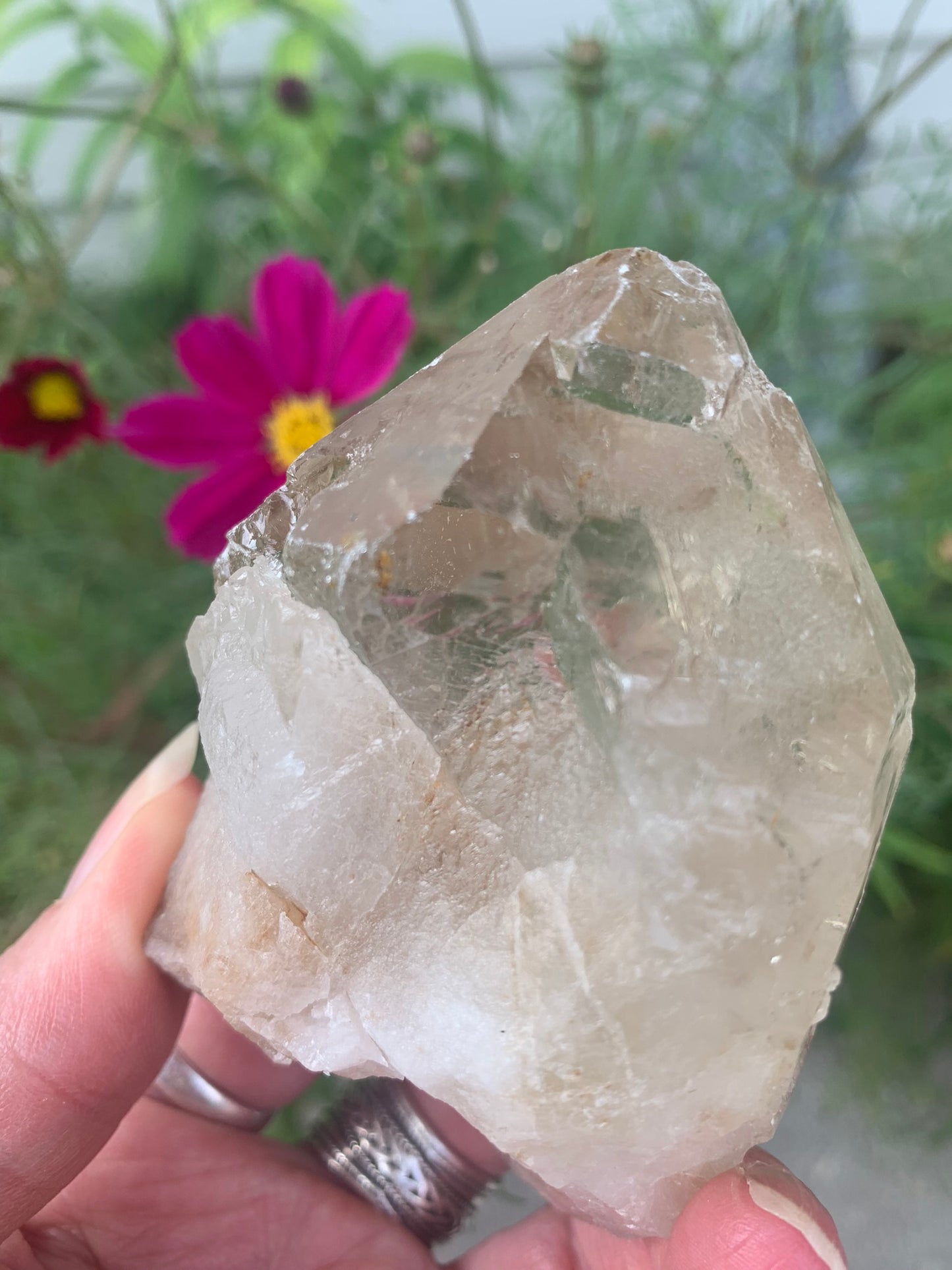 Rainbow Lemurian Smokey Quartz Point with inclusions