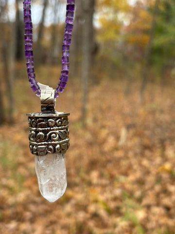 Clear Quartz pendant - Tibetan Silver