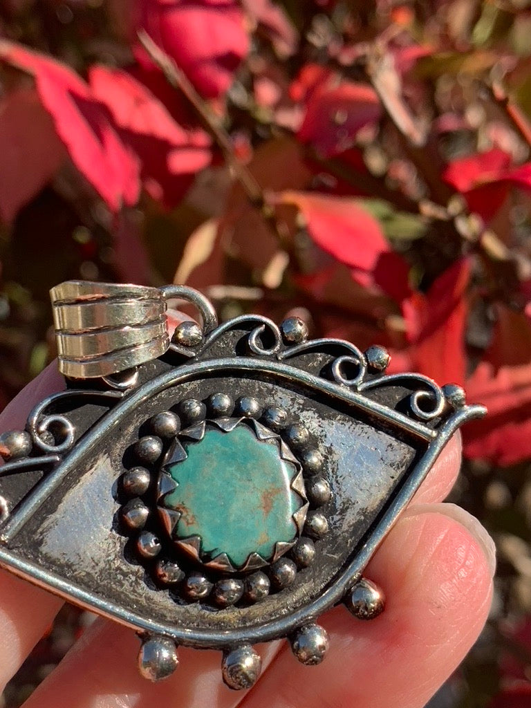 Turquoise Evil Eye pendant - Tibetan Silver