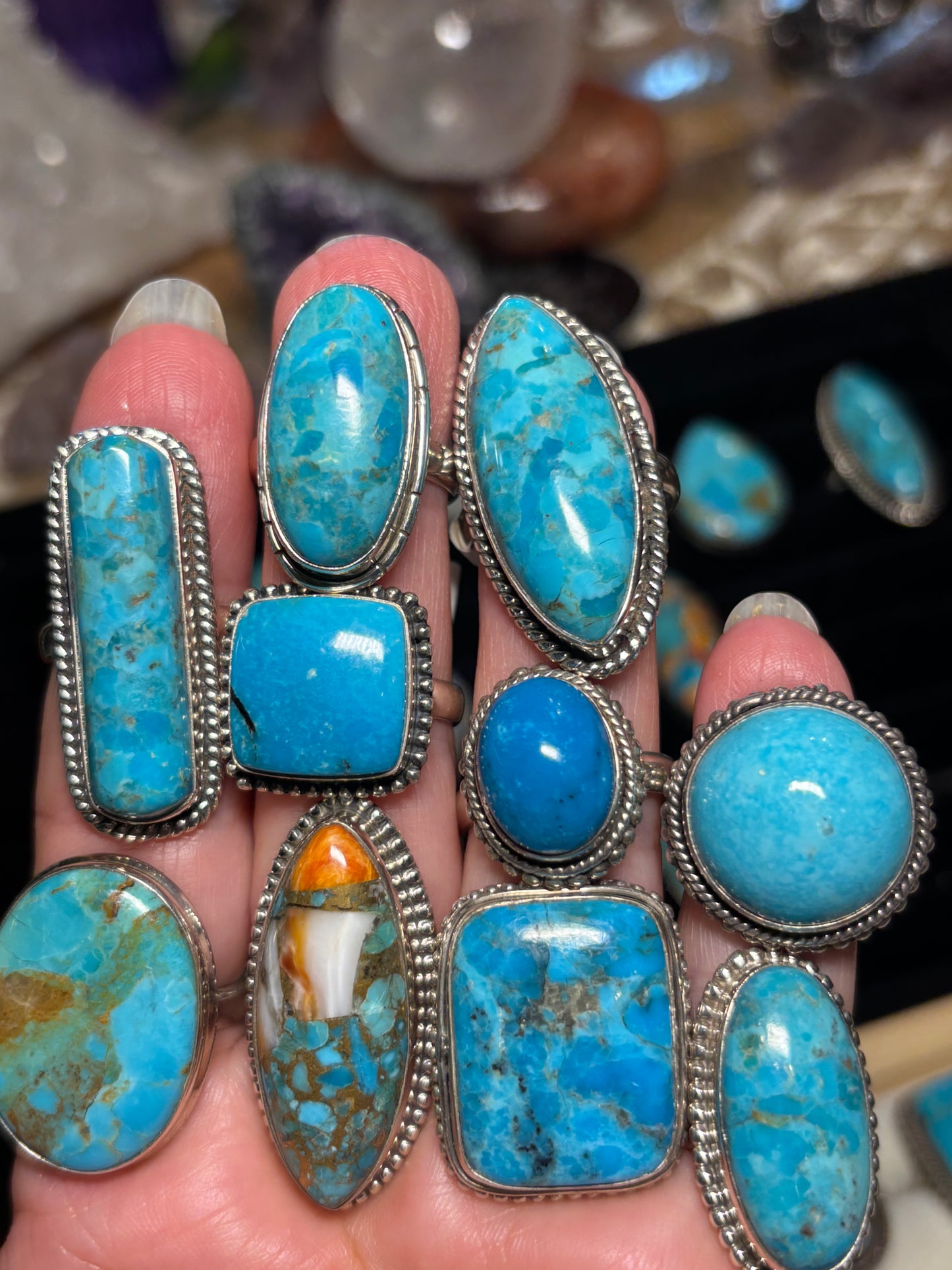 Spiny Oyster and Turquoise Rings with Copper