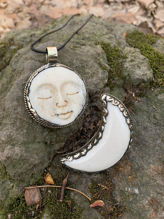 Buffalo Bone - FULL Moon pendant - Tibetan Silver