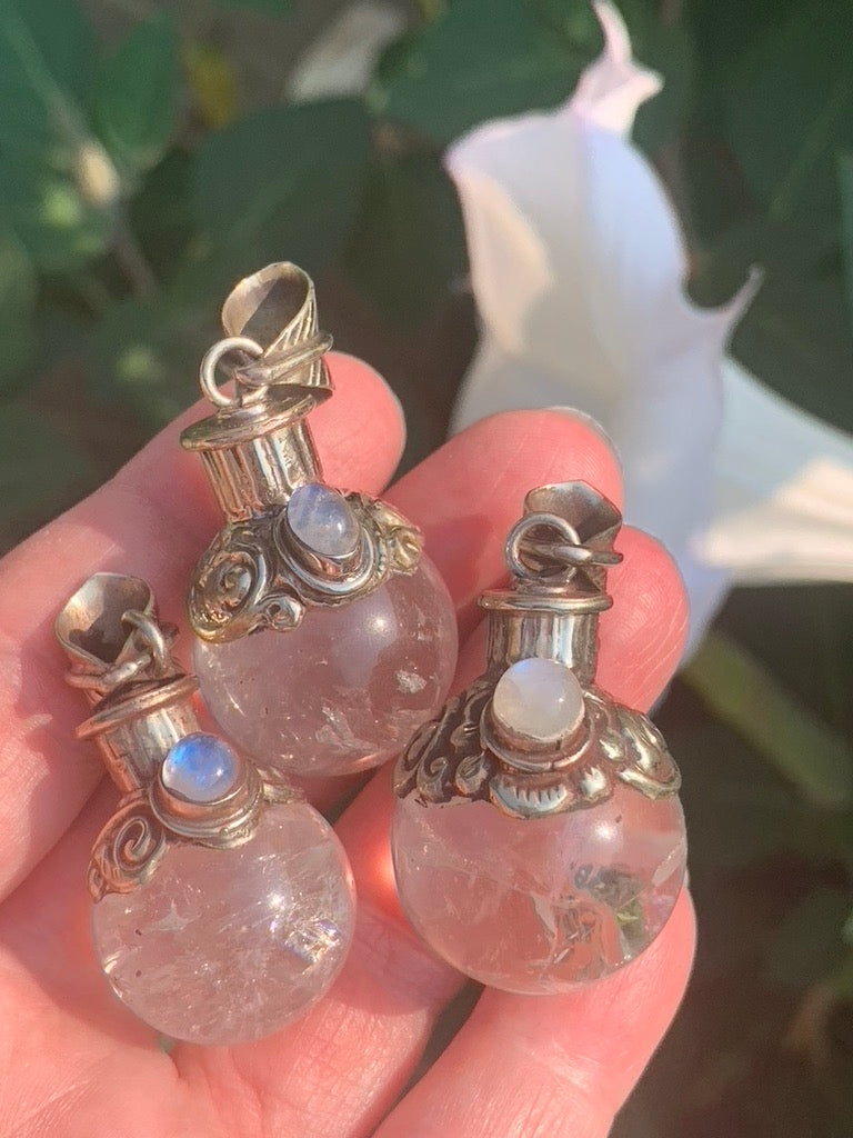 Clear Quartz - Moonstone  | Magic Potion Pot | MEDIUM pendant - Tibetan Silver