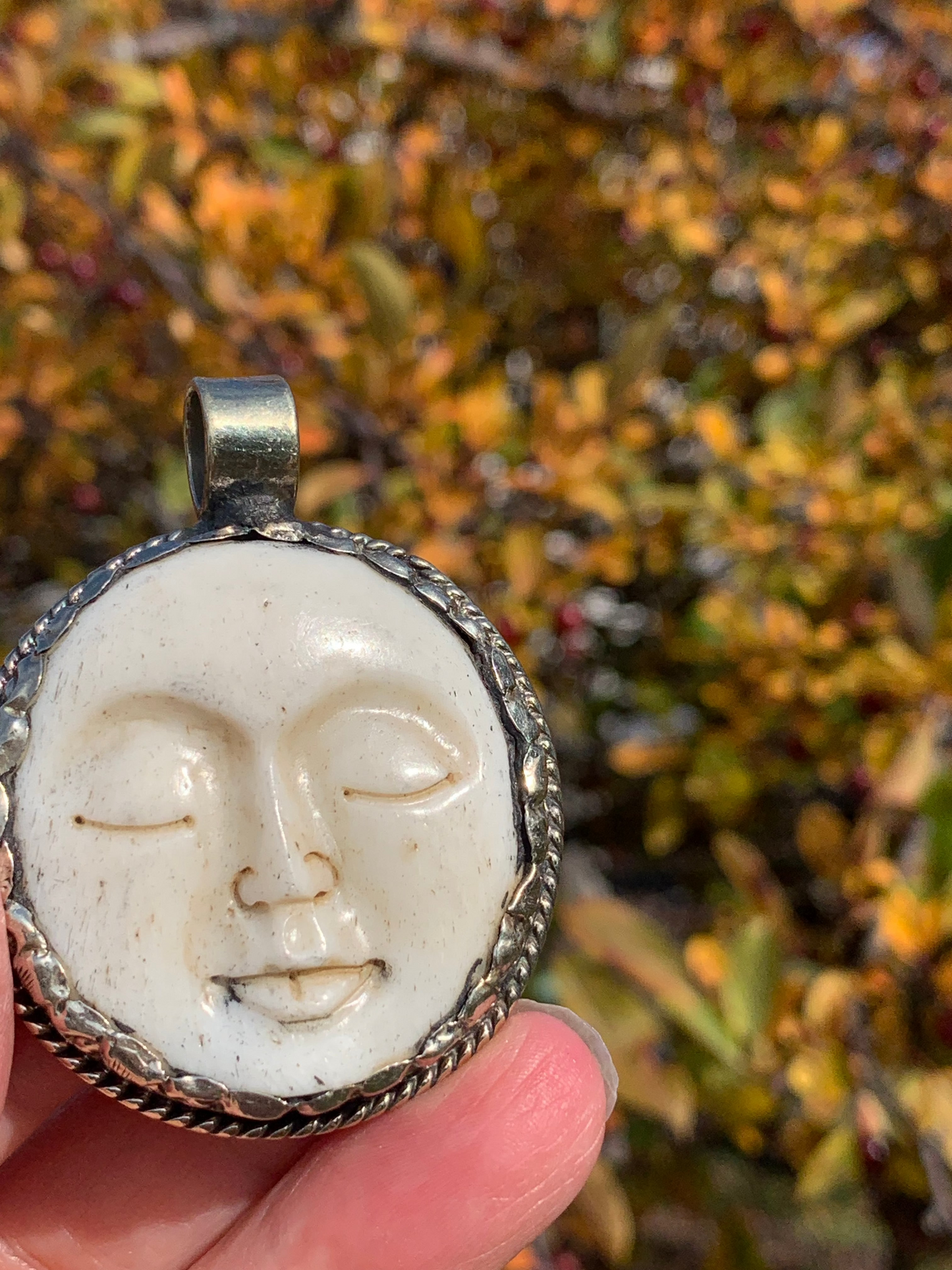 Buffalo Bone - FULL Moon pendant - Tibetan Silver