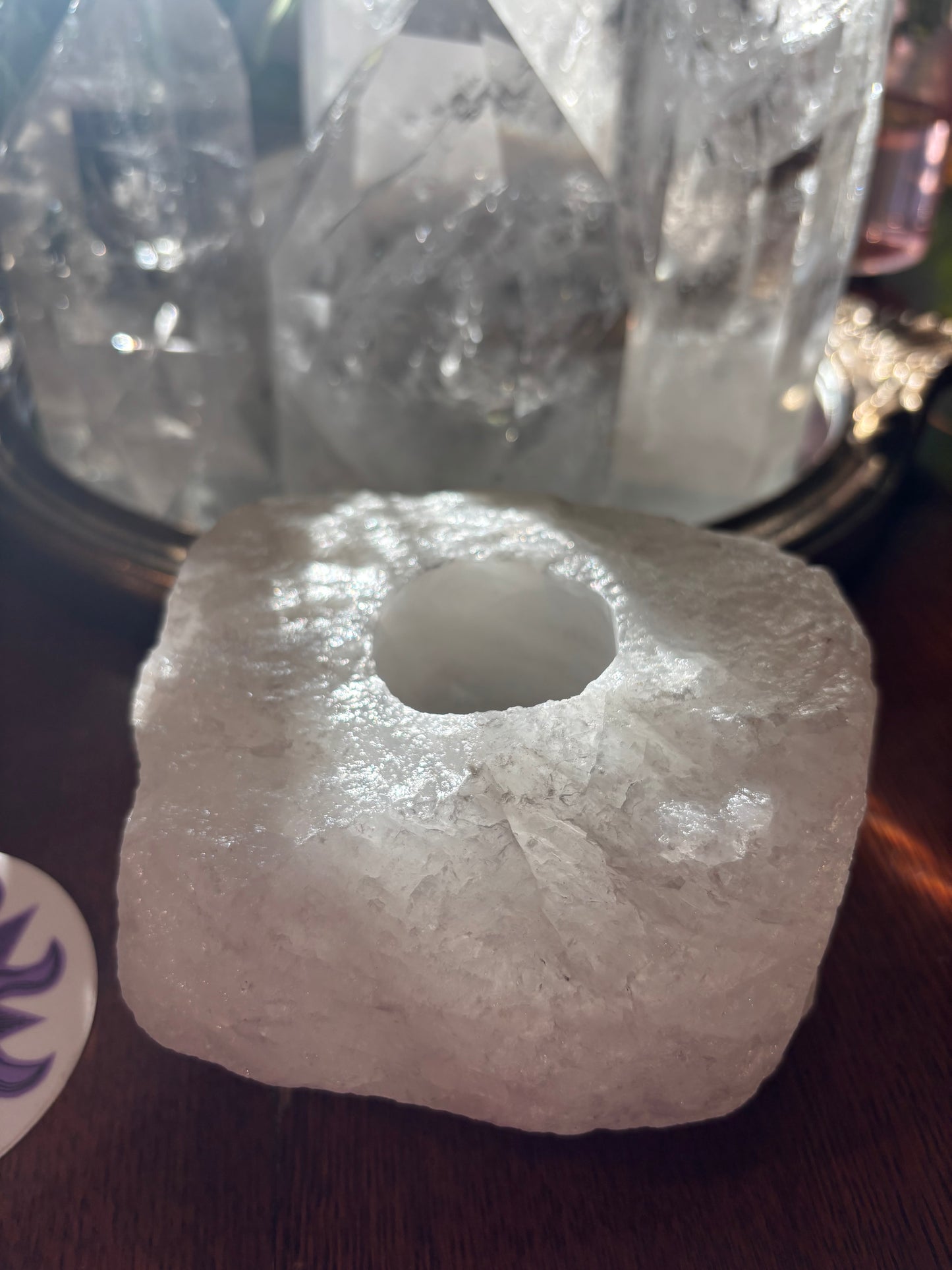 Natural Clear Quartz or Rose Quartz | Tea Light Holder
