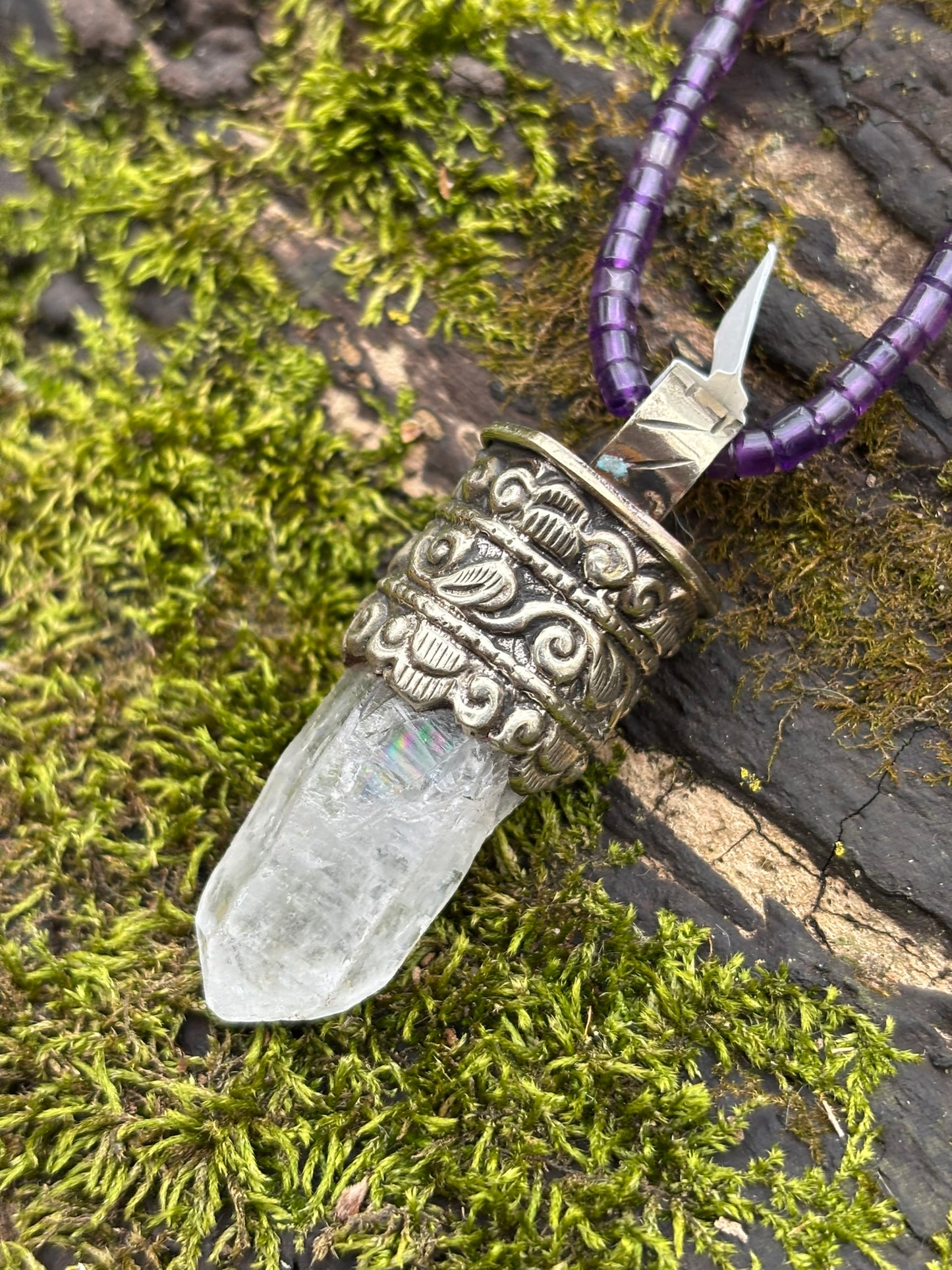 Clear Quartz pendant - Tibetan Silver