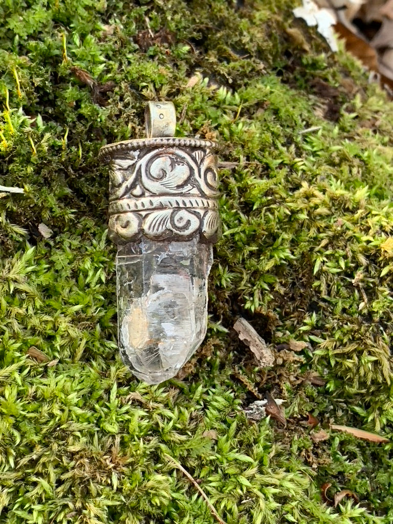 Clear Quartz pendant - Tibetan Silver