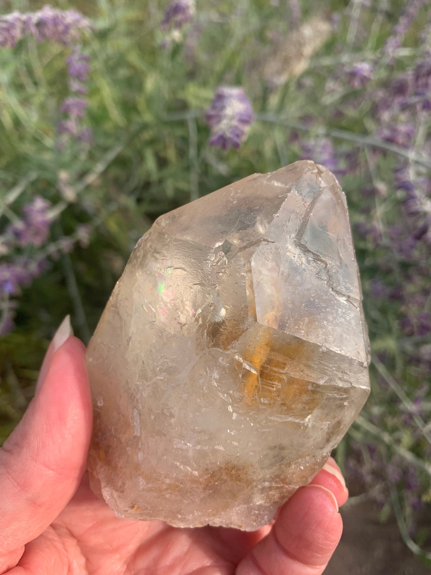 Rainbow Lemurian Smokey Quartz Point with inclusions