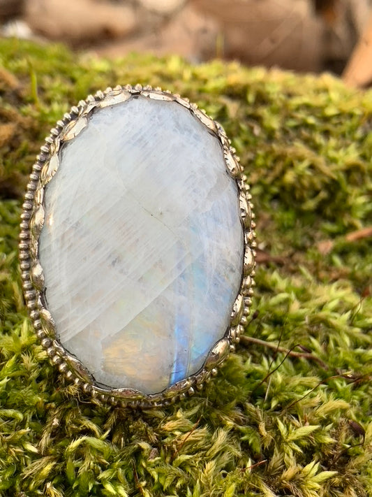 Rainbow Moonstone ring - Tibetan Silver