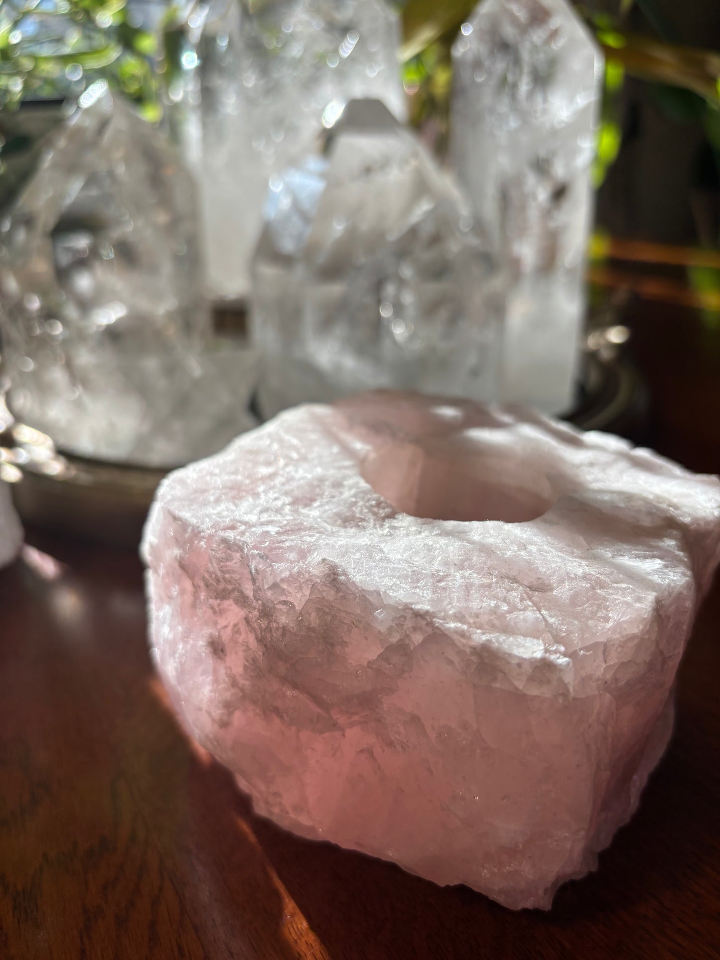 Natural Clear Quartz or Rose Quartz | Tea Light Holder