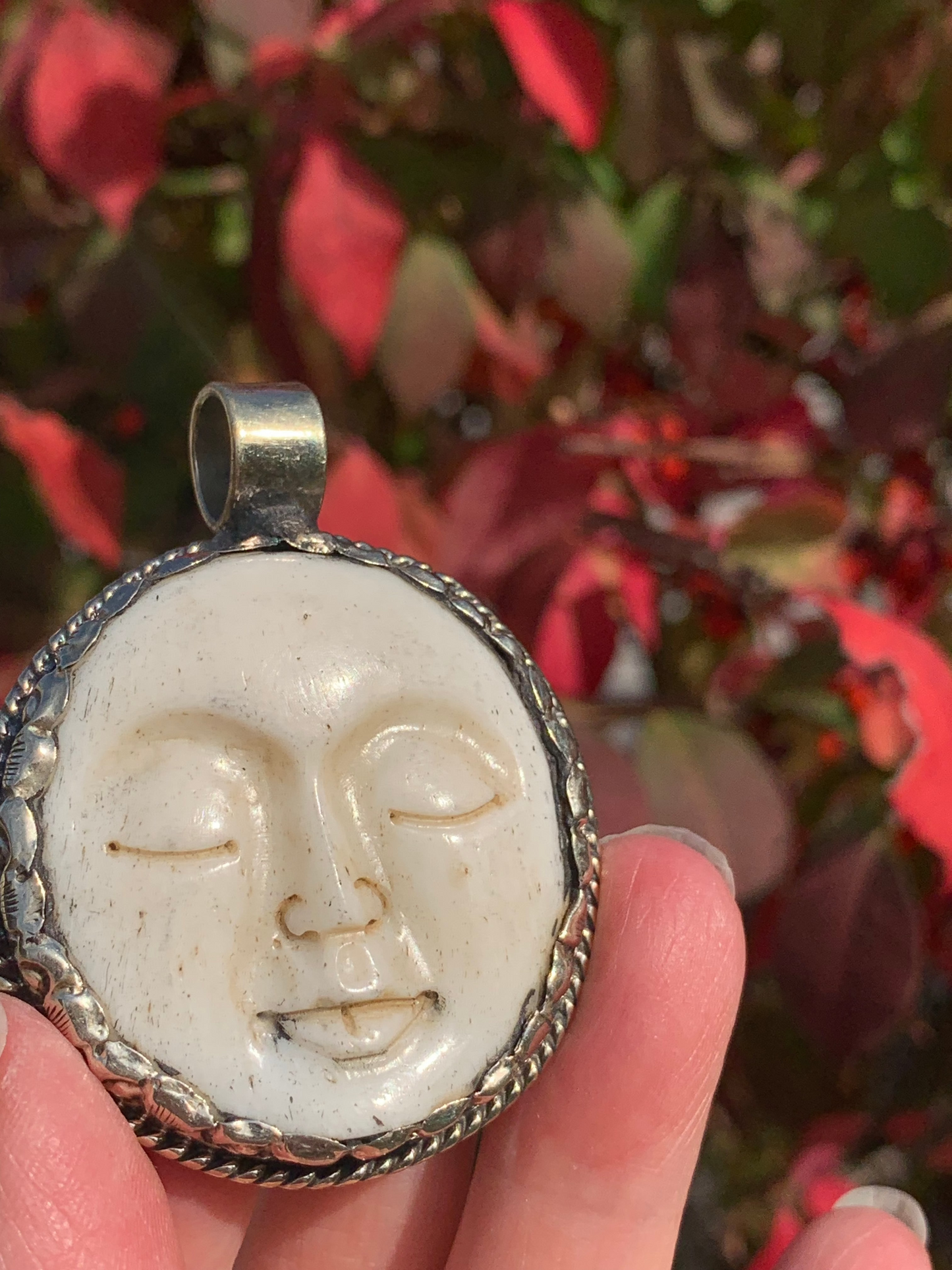 Buffalo Bone - FULL Moon pendant - Tibetan Silver