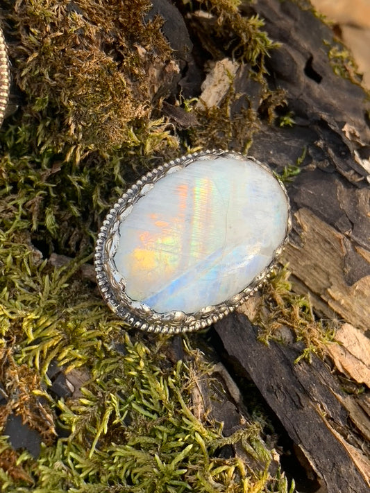 Rainbow Moonstone ring - Tibetan Silver