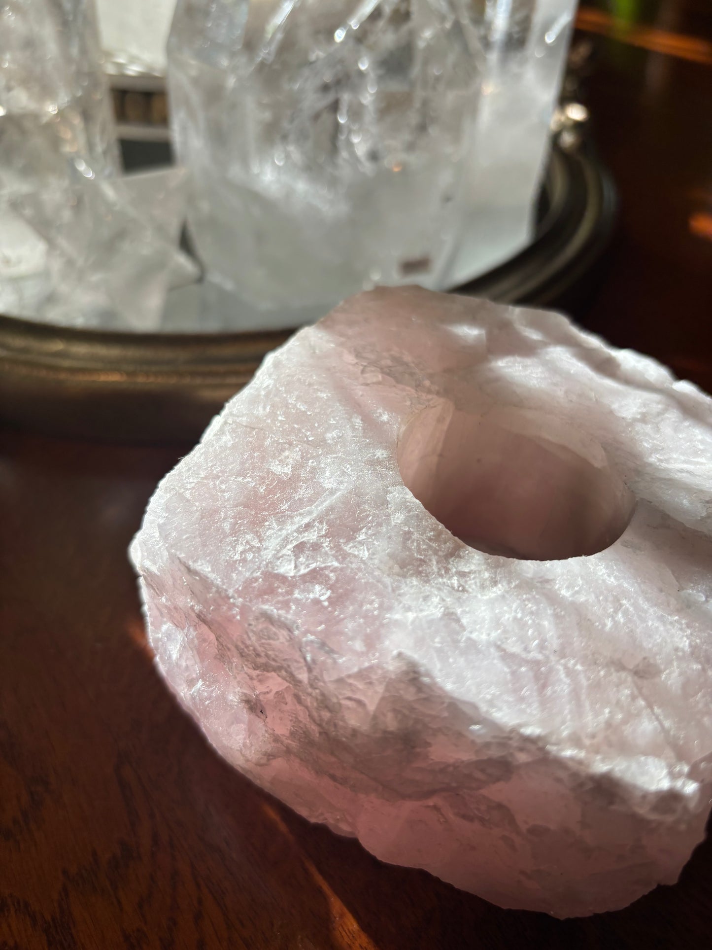 Natural Clear Quartz or Rose Quartz | Tea Light Holder