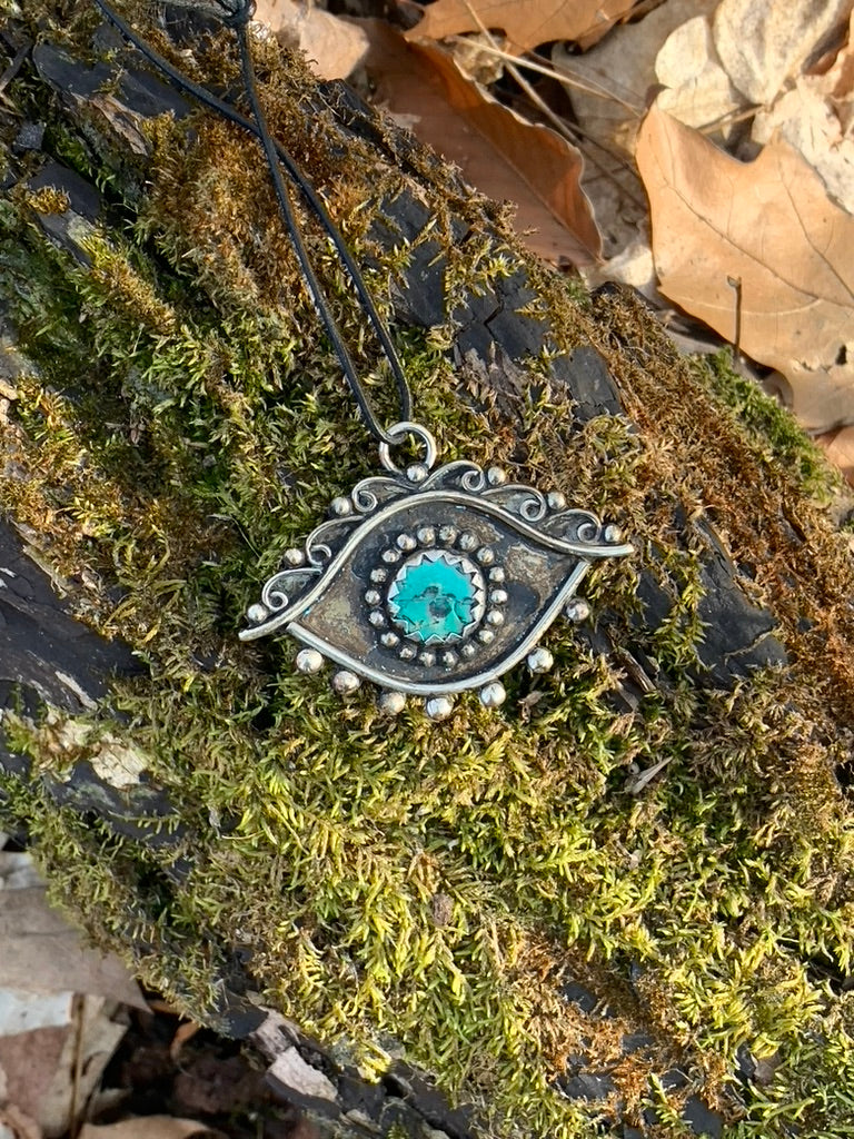 Turquoise Evil Eye pendant - Tibetan Silver